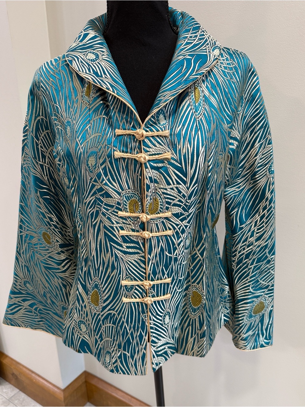 Grace Chuang New York Teal & Champagne 100% silk jacket blazer size M